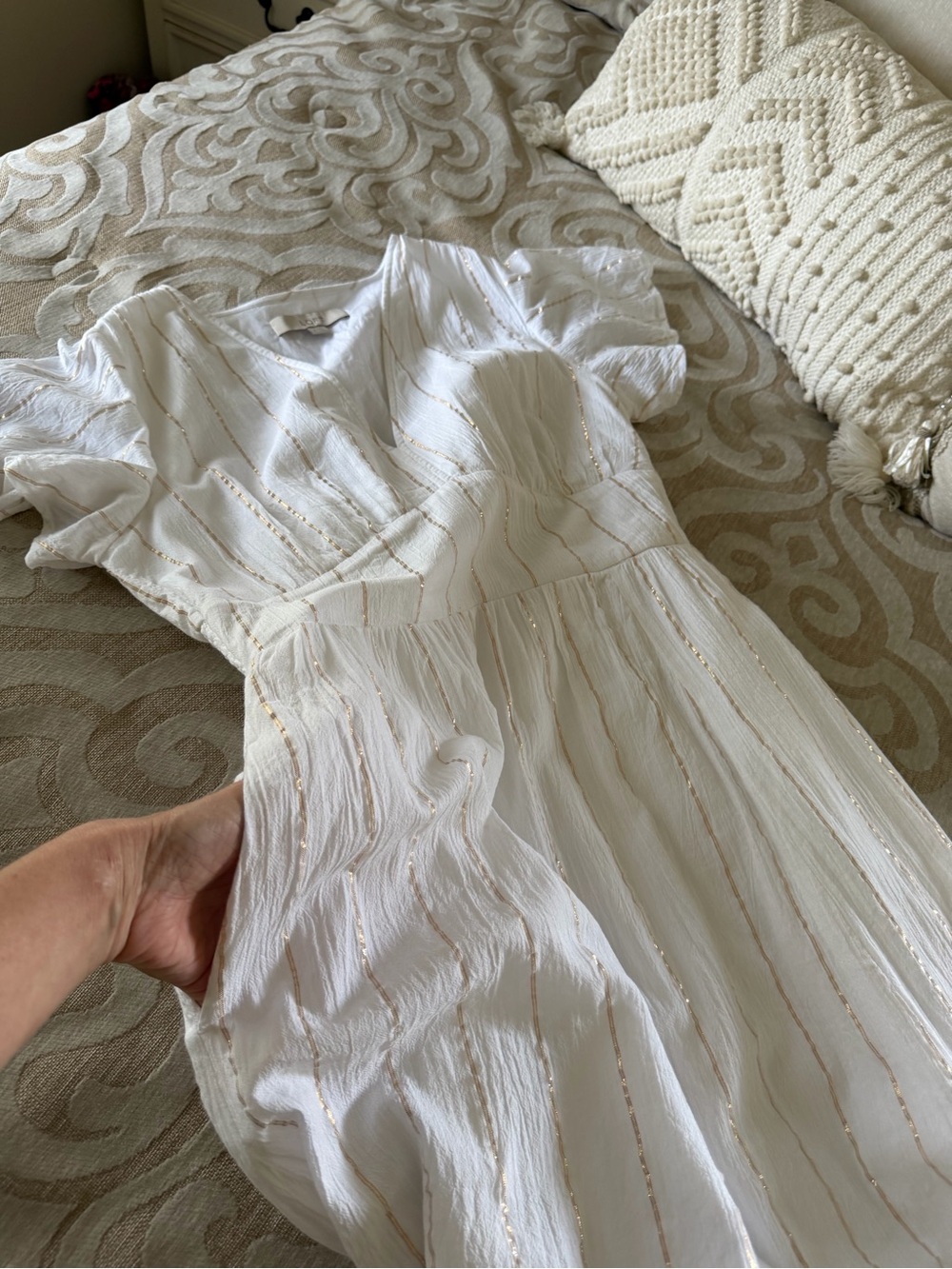 LOFT White Gold Metallic Stripe Flutter Sleeve Maxi Dress S - Picture 11 of 12